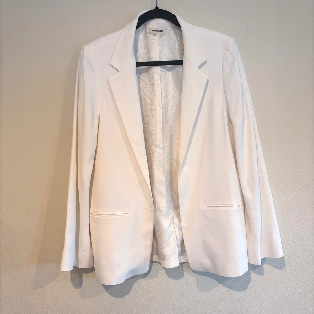 Zadig & Voltaire Volly Crepe Blazer Ecru Ivory Open Front Large FR 42 Designer